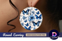 Watercolor blue butterflies flowers Round Earring PNG Product Image 1