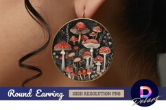 Watercolor mushrooms on black background Round Earring PNG Product Image 1