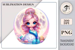 Cute little mermaid sitting by the sea with the full moon behind her, surrounded by seashells, sparkles, and fantasy ocean plants. Ideal for kids’ projects and sublimation crafts.
