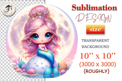Cute little mermaid sitting by the sea with the full moon behind her, surrounded by seashells, sparkles, and fantasy ocean plants. Ideal for kids’ projects and sublimation crafts.
