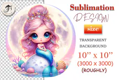 Cute little mermaid sitting by the sea with the full moon behind her, surrounded by seashells, sparkles, and fantasy ocean plants. Ideal for kids’ projects and sublimation crafts.
