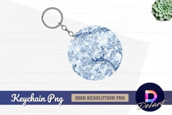 Blue toile with rabbits birds Round Keychain PNG Product Image 1