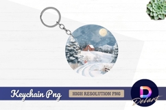 Winter landscape with red house Round Keychain PNG Product Image 1