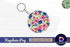 Floral pattern pink and blue Round Keychain PNG Product Image 1
