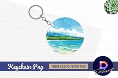 Watercolor beach scene circle round keychain png Product Image 1