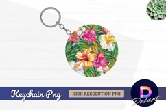 Colorful hibiscus flowers tropical leaves Round Keychain PNG Product Image 1
