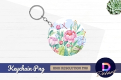 Watercolor flowers and dragonflies round keychain png Product Image 2