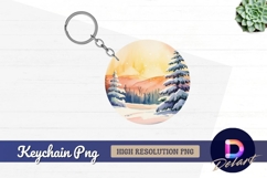 Watercolor winter landscape round keychain png Product Image 1