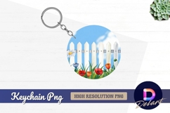 Watercolor flowers white picket fence round keychain png Product Image 1
