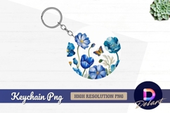 Blue poppies and butterfly round keychain png Product Image 1