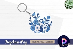 Blue and white floral Round Keychain PNG Product Image 1