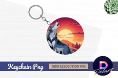 Howling wolf silhouette at sunset Round Keychain PNG Product Image 1