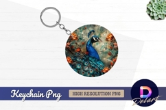 Elegant peacock portrait with floral Round Keychain PNG Product Image 1