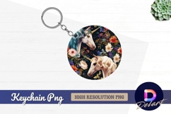 Two unicorns surrounded by flowers Round Keychain PNG Product Image 1