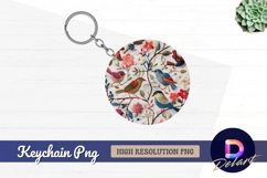 Embroidered birds and flowers on Round Keychain PNG Product Image 1