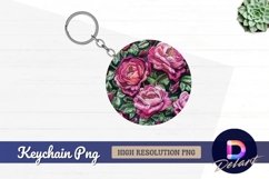 Embroidered pink roses elegant floral Round Keychain PNG Product Image 1