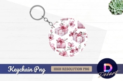 Watercolor gifts and pink flowers Round Keychain PNG Product Image 1