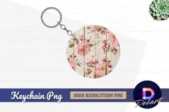 Floral pattern on wooden planks round keychain png Product Image 1