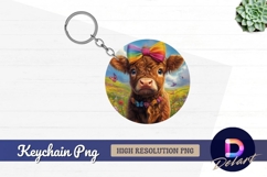 Cute highland cow with bow Round Keychain PNG Product Image 1