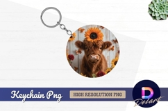 Highland calf with sunflower Round Keychain PNG Product Image 1