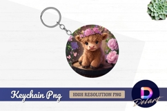 Cute highland calf with floral Round Keychain PNG Product Image 1