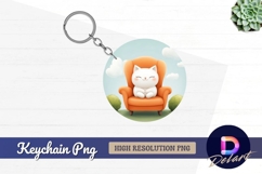 Cute cartoon cat relaxing in orange Round Keychain PNG Product Image 1