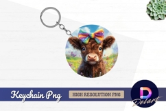 Baby cow with rainbow bow Round Keychain PNG Product Image 1