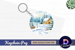 Watercolor winter landscape with house Round keychain png Product Image 1