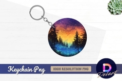 Forest silhouette with sunset and Round Keychain PNG Product Image 1