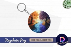 Vibrant autumn trees with flowing river Round Keychain PNG Product Image 1