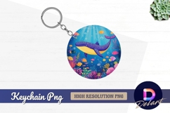 Cartoon whale swimming in ocean Round Keychain PNG Product Image 1