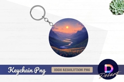 Scenic mountain valley sunset Round Keychain PNG Product Image 1