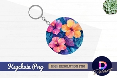 Watercolor hibiscus flowers with leaves Round Keychain PNG Product Image 1