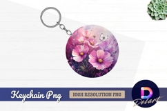 Pink cosmos flowers and butterfly Round Keychain PNG Product Image 1