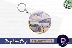 Watercolor mountain lake village Round keychain png Product Image 1