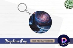 Lighthouse against a cosmic galaxy Round Keychain PNG Product Image 1