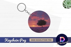 Lavender field tree sunset Round Keychain PNG Product Image 1