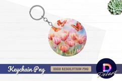 Watercolor tulips and butterflies Round Keychain PNG Product Image 1