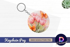 Pink tulips and orange butterflies Round Keychain PNG Product Image 1