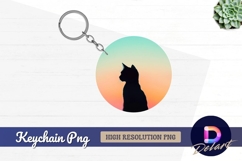 Cat silhouette on pastel sunset round keychain png Product Image 1