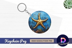 Golden starfish on blue textured Round Keychain PNG Product Image 1