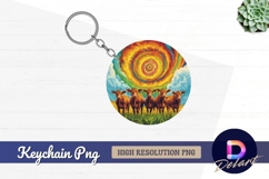 Cows in field with psychedelic sky Round Keychain PNG Product Image 1