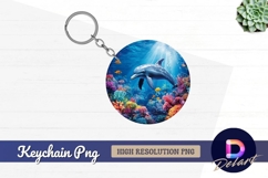 Dolphin swimming over colorful coral Round Keychain PNG Product Image 1