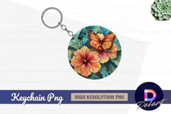 Watercolor monarch butterfly on hibiscus Round Keychain PNG Product Image 1