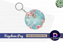 Floral circle frame blue background round keychain png Product Image 1