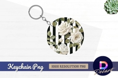 White roses on striped Round Keychain PNG Product Image 1