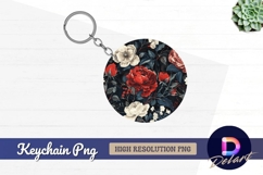 Dark floral pattern red and white flowers Round Keychain PNG Product Image 1