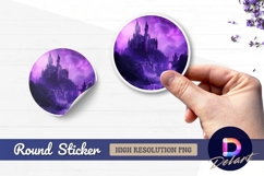 Purple castle on hill fantasy Round Sticker PNG Product Image 1