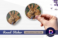 Two rabbits in flower garden Round Sticker PNG Product Image 1