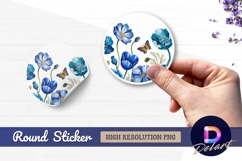 Blue flowers and butterfly round sticker png Product Image 1